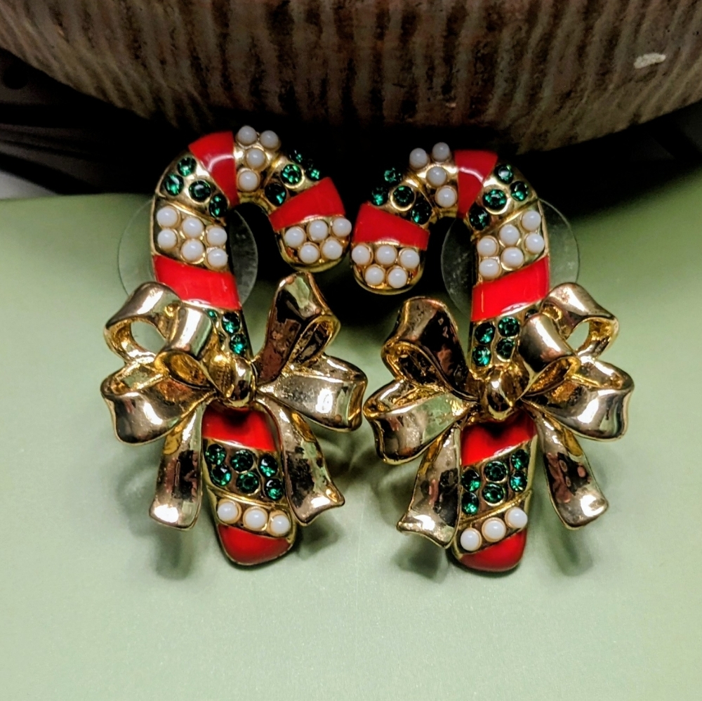 Festive Gold and Red Candy Cane Earrings